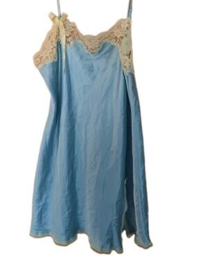 Victorias Secret Satin Slip Dress Large Blue Yellow Lace Slit Y2K Lingerie
